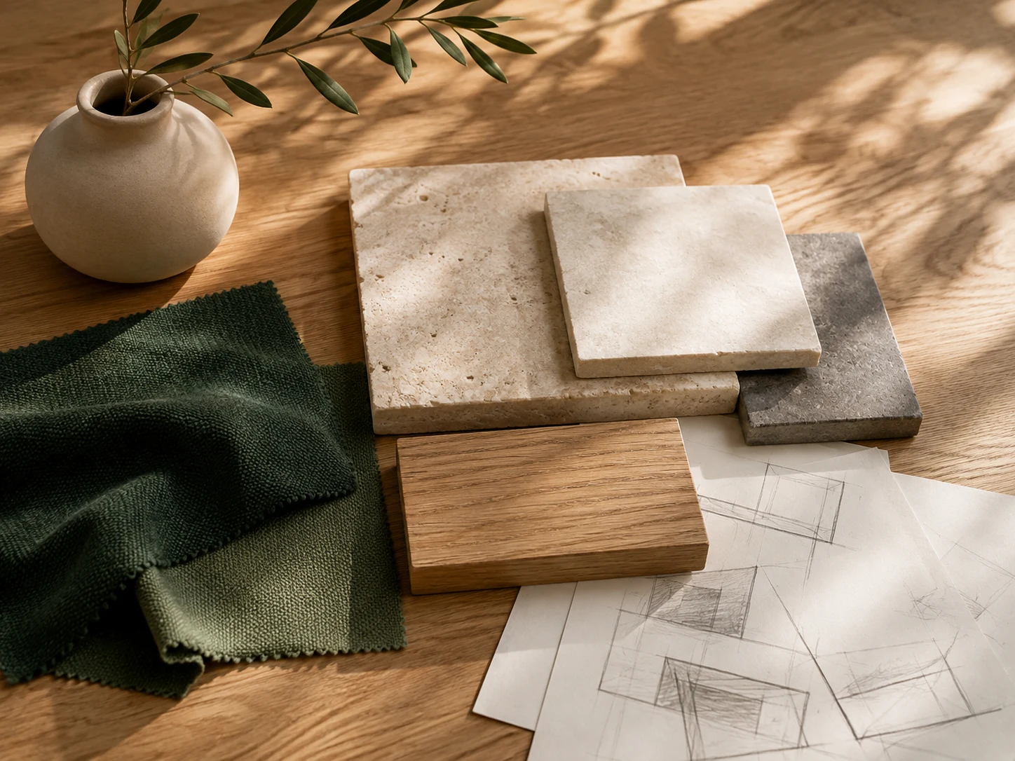 Bodegón conceptual de marca con muestras de piedra y madera, tejidos verdes y bocetos arquitectónicos sobre una mesa.