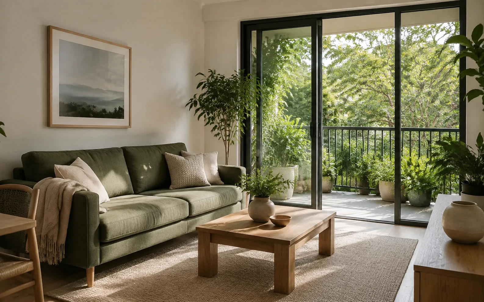 Sala residencial conceptual con sofá verde oliva, mesa de madera y balcón con vegetación iluminado por luz natural.