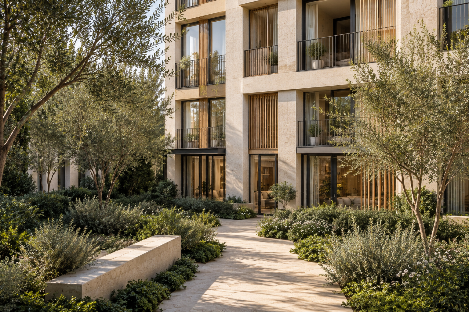 Escena conceptual de arquitectura residencial luminosa con piedra clara, madera y jardín